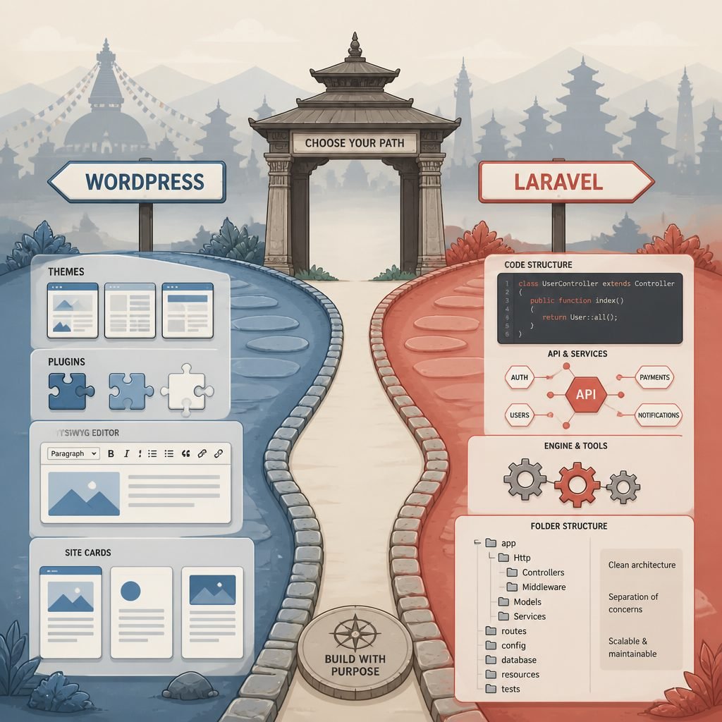 Editorial illustration showing a split path: WordPress blocks and editor on one side, Laravel code architecture on the other, with a faint Kathmandu skyline in the background.