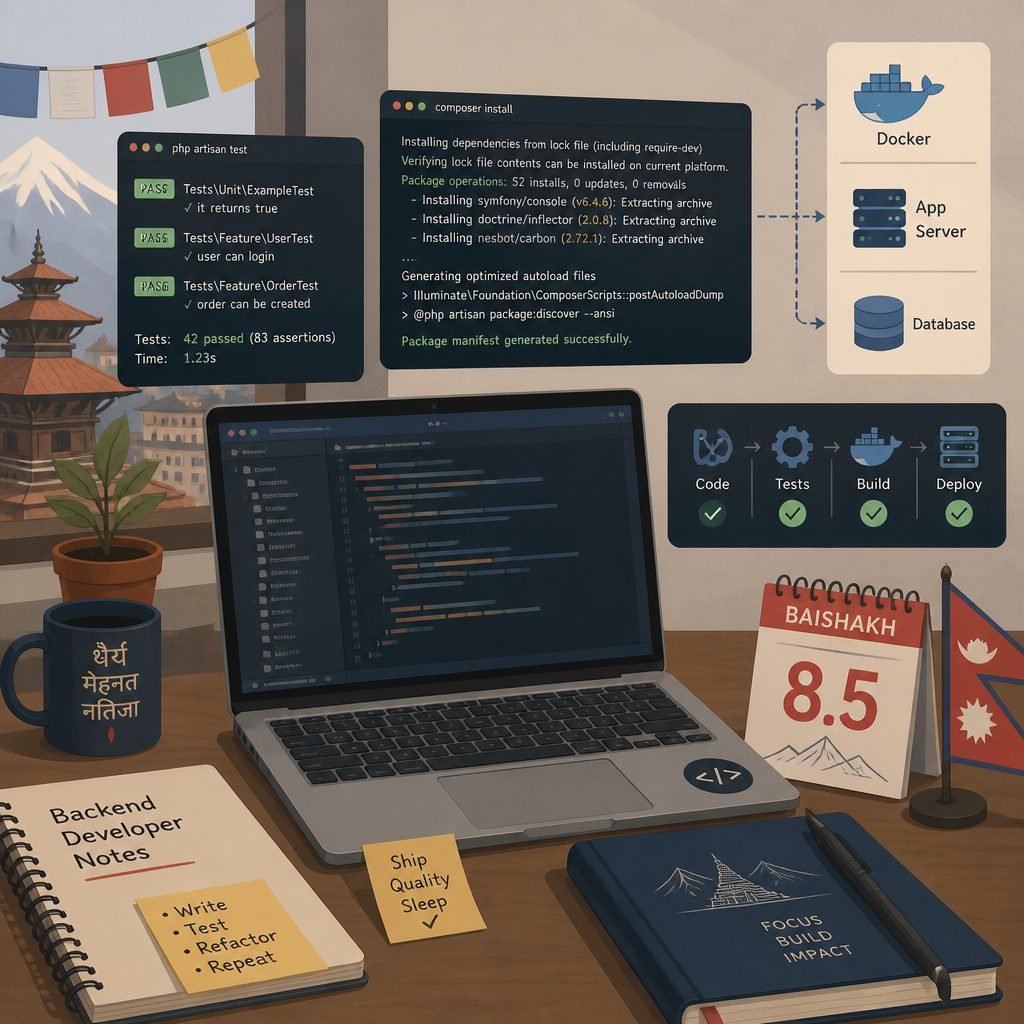 Editorial illustration: developer desk with laptop, terminal, and calendar marked 8.5