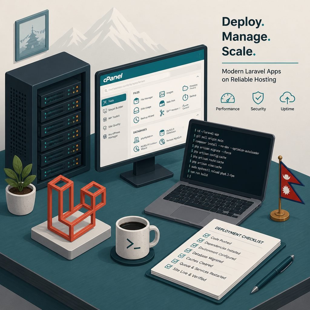 Editorial illustration of a developer workspace with server control panel, terminal, and deployment checklist